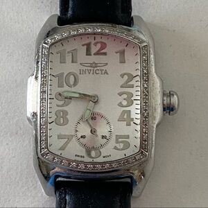 Invicta Lupah Chronograph Genuine Diamond Steel Watch with Black Leather Band